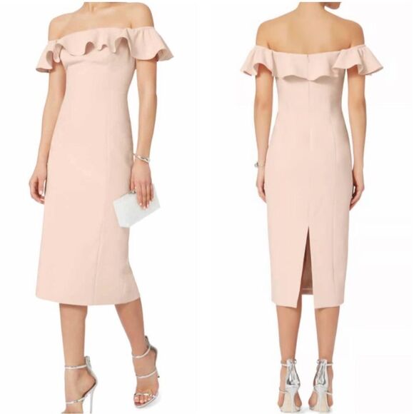 JAY GODFREY Rollins Off Shoulder Midi Blush Nude Dress Ruffle Size - Picture 1 of 13